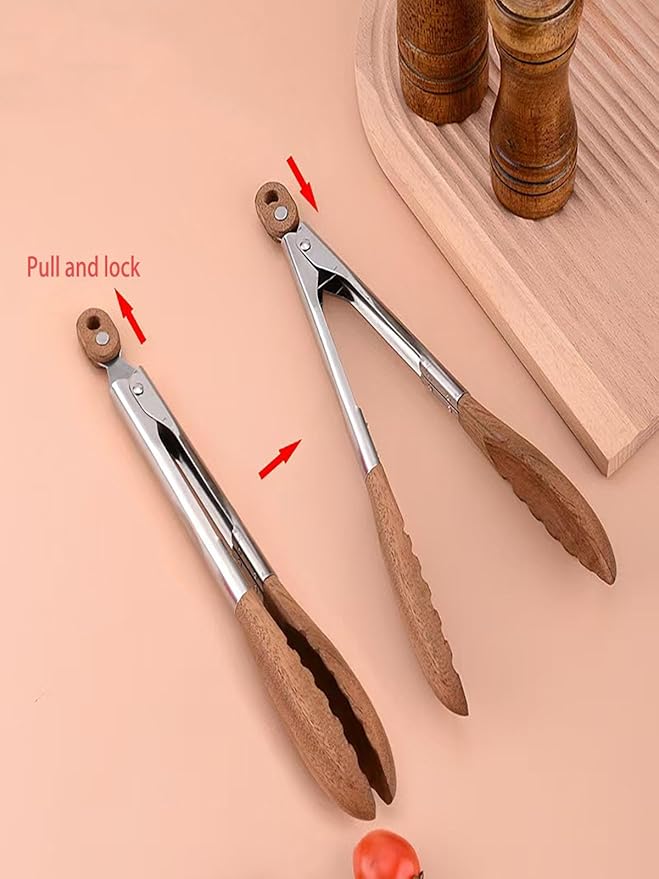 2 Pcs Wooden Tongs for Cooking – 15"/11" Walnut Wooden Kitchen Tongs with Wooden Tips, Ideal for Salad and BBQ