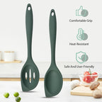 2-Pieces Silicone Cooking Spoon Spatula, Large Serving Spoons for Solid and Slotted, Heat Resistant Non-Stick Silicone Cooking Utensils Set, for Kitchen Mixing, Scooping, and Scraping