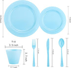 KIRE 150 Piece Blue Plastic Plates Disposable - Blue Dinnerware Set Includes 25 Dinner Plates, 25 Salad Plates, 25 Utensils Set 25 Clear Cups for Birthday/Picnic/Baby Shower/Easter/Spring