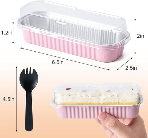 25 Pack Mini Cake Pans with Lids and Spoons, Small Aluminum Foil Loaf Pans, Rectangular Baking Containers for Party and Picnics, 6.8oz (Pink)