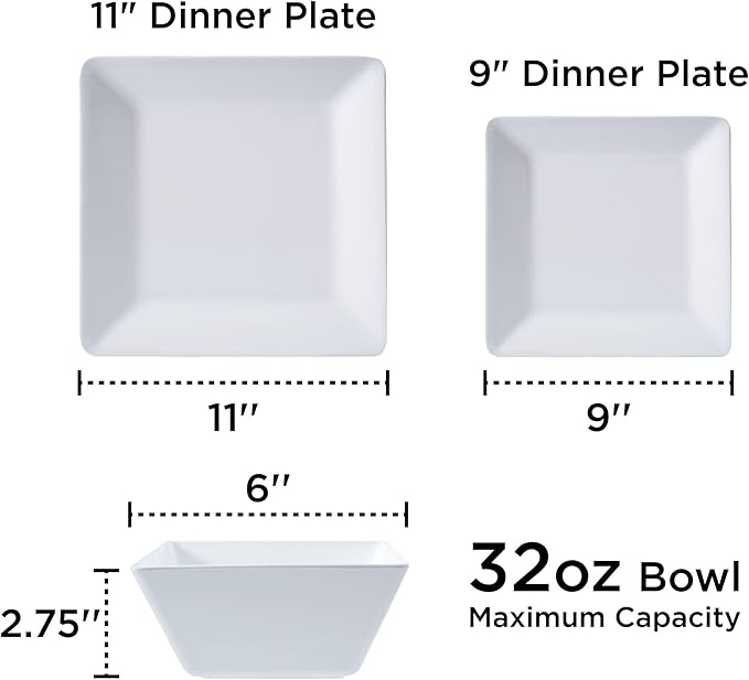 TP 12-Piece Melamine Dinnerware Sets, Plates and Bowls Dishes Set for 4, Break-Resistant & Non-Microwavable, Lightweight Square Dinner Plates, White
