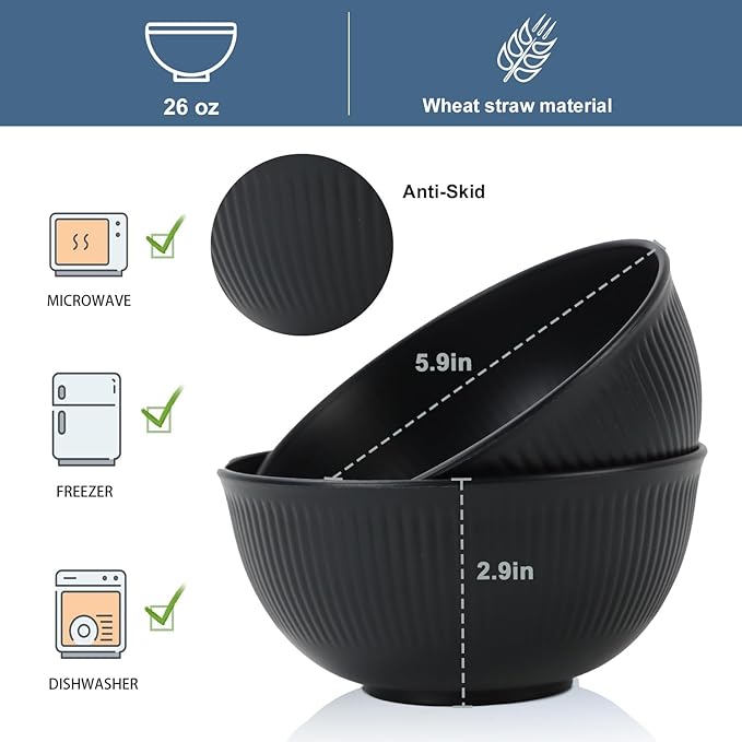 Wrova Wheat Straw Bowl Sets of 8,Unbreakable Cereal Bowl 26 OZ,Microwave and Dishwasher Safe Bowls,Salad Bowl suitable for Cereal,Salad,Snack and Soup. Winter-Pure Black