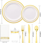 350 Pieces White and Gold Plastic Plates - 50 Guest Dinnerware Set Include 100 Plates, 50 Gold Plastic Silverware, 50 Paper Napkins and 50 Cups for Wedding/Baby Shower/Spring/Birthday/Mother's Day