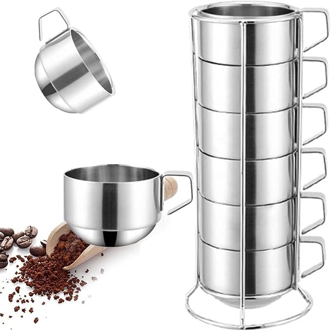 SZCXTOP 6.8 Oz Stainless Steel Coffee Cups Set of 6 Mug,Stackable Double Heat Insulation Metal Coffee Mugs with Stand Rack,Perfect for Cold Drinks or Hot Drink (6)