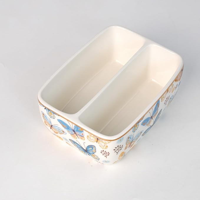 2 Compartments Ceramic Sponge Holder for Kitchen Sink, Cute Floral Countertop Dish Sponges Holder Soap Sink Organizer Farmhouse Caddy (Butterfly)