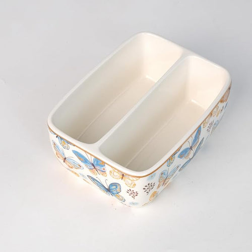 2 Compartments Ceramic Sponge Holder for Kitchen Sink, Cute Floral Countertop Dish Sponges Holder Soap Sink Organizer Farmhouse Caddy (Butterfly)