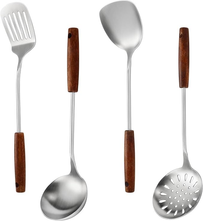 304 Stainless Steel Kitchen Utensils Set, 4 Pcs Long Cooking Utensils Set with Wooden Handle, Large Heat Resistant Kitchen Tools(Dishwasher Safe)