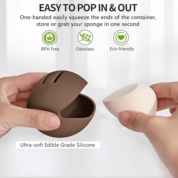 Fauxomor Makeup Sponge Holder,Double-Sided Breathable Silicone Beauty Make Up Blender Case for Travel or Daily,Shatterproof Makeup Travel Case Quick Drying Easy to Carry,Coffee(BLENDER NOT INCLUDED)