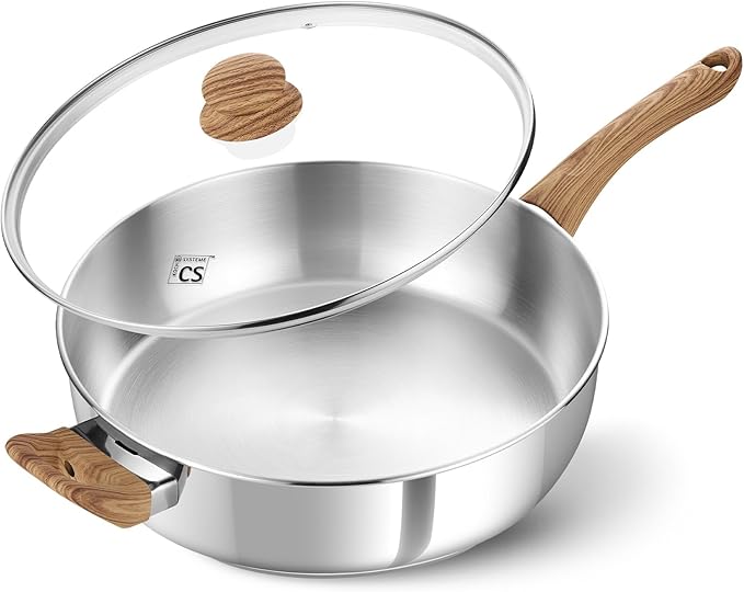KOCH SYSTEME CS Stainless Steel Saute Pan 12 Inch, 6 Quart Deep Frying Pan with Lid, 18/10 Stainless Steel Saute Pan with Cool-Touch Bakelite Handle, Deep Fry Pan, Induction Ready