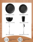 24 Piece Plates and Bowls Sets for 4- Unbreakable Wheat Straw Dinnerware Sets Includes Stainless Steel Forks for Picnic Camping Outdoor Kitchen and Apartment Dinning RV Essentials-Black
