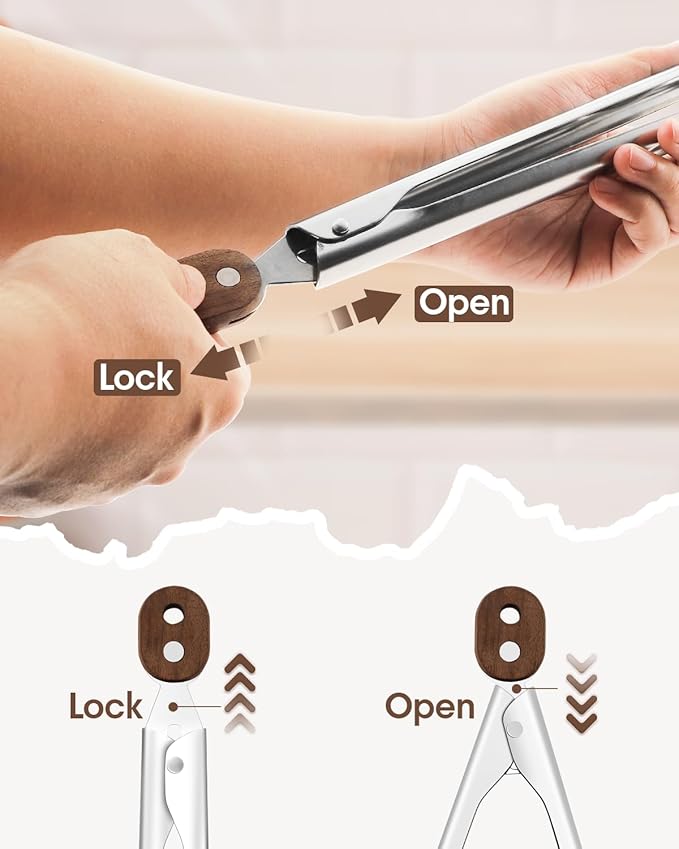 13 Inch Wooden Kitchen Cooking Tongs 2 Packs, Stainless Steel Salad Tongs with Walnut Wood Tip, Serving Food Toaster, Grilling Outdoor BBQ, Smooth Locking & Hanging Cooking Utensils