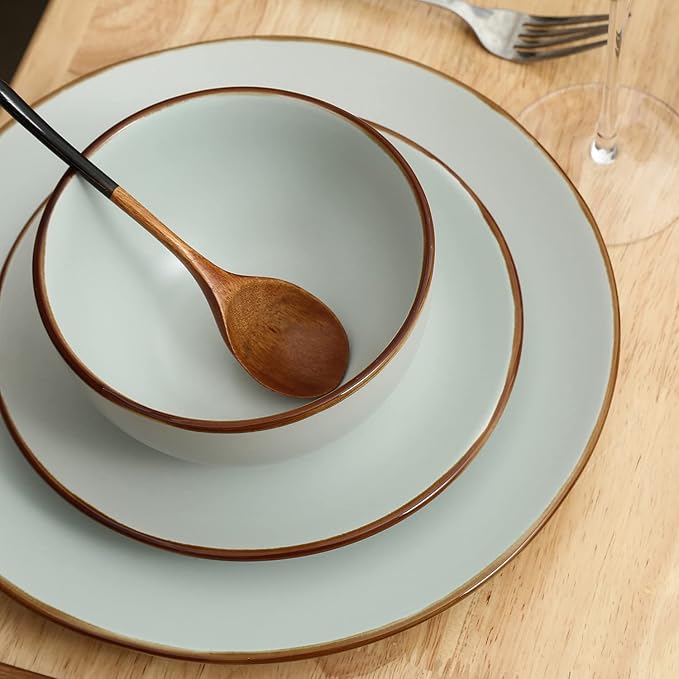 Stone Lain Brasa Stoneware 16 Piece Modern Dinnerware Set, Plates and Bowls, Service for 4, Light Green, Microwave & Dishwasher Safe