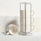 6 Oz Coffee Mugs with Stand - Stackable Ceramic Espresso Cups Set of 4, Embossed Coffee Cups, Porcelain Cappuccino for Latte, Cocoa, Mocha, Tea, Dishwasher Safe, 3 inch