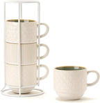 JIEMEI HOME Large Ceramic Coffee Mug Set of 4 with Stand, 15 Oz Stackable Different Embossment Ribbed Latte Cup Set for Cappuccino, Tea, Hot Cocoa, Drinks - Dishwasher & Microwave Safe, White & Green