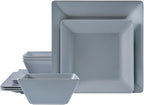 TP 12-Piece Melamine Dinnerware Sets, Plates and Bowls Dishes Set for 4, Break-Resistant & Non-Microwavable, Lightweight Square Dinner Plates, Grey