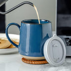 HVH Farmhouse Style Ceramic Mug Set of 4, 17oz with Lid, Large Handle, for Coffee, Tea & More (Blue)