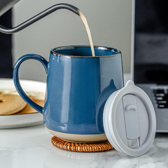 HVH Farmhouse Style Ceramic Mug Set of 4, 17oz with Lid, Large Handle, for Coffee, Tea & More (Blue)