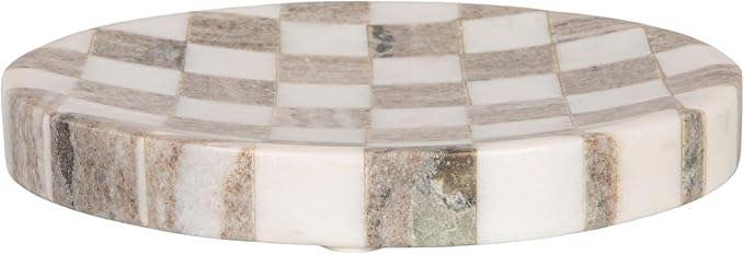 Bloomingville Round Marble Checkered Cheese and Serving Tray, Buff Color and White