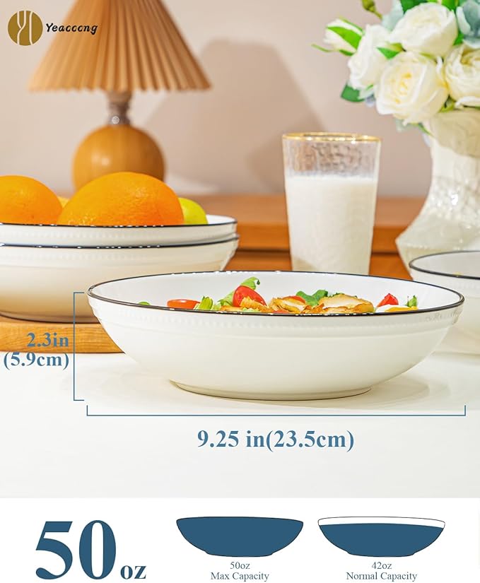 Yeacccng White Pasta Bowls Set of 6, 9.25 Inch 50 Oz Large Ceramic Soup Salad Bowls, Black Rim Minimalist Design, Lead-Free Cadmium-Free, Dishwasher Microwave Oven Safe, Scratch-Resistant