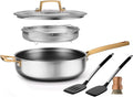 FogDream Titanium Non Stick Frying Pan, 10in Tri-Ply Stainless Steel Deep Saute Pan, All-in-One Cookware Set(Spatulas&Steamer), Stay Cool Handle, Dishwasher & Oven-Safe,Induction Compatible,Gold
