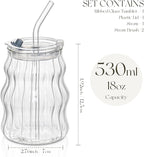 KEMORELA 4PCS Ribbed Glass Cups with Lids & Straws – 18oz Vintage Wavy Coffee Cups, Bubble Glass Aesthetic for Iced Coffee, Clear Ribbed Glasses with Straws, Ideal Drinkware Set