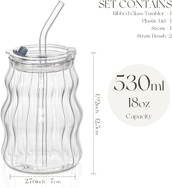 KEMORELA 4PCS Ribbed Glass Cups with Lids & Straws – 18oz Vintage Wavy Coffee Cups, Bubble Glass Aesthetic for Iced Coffee, Clear Ribbed Glasses with Straws, Ideal Drinkware Set