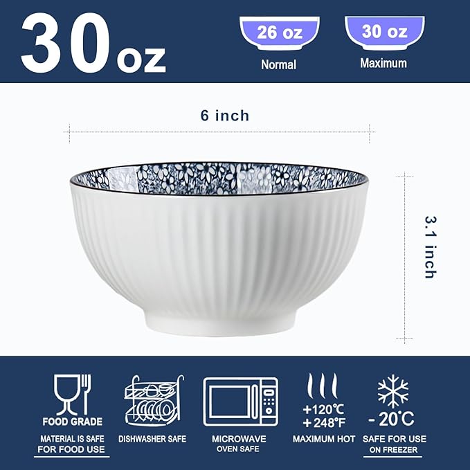 Houlu 6 in Small Japanese Bowls Set of 6, Versatile 30 oz Blue and White Porcelain Bowls for Soup, Cereal, Salad, Desserts, and Side Dishes - Floral Pattern