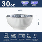 Houlu 6 in Small Japanese Bowls Set of 6, Versatile 30 oz Blue and White Porcelain Bowls for Soup, Cereal, Salad, Desserts, and Side Dishes - Floral Pattern