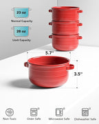 LE TAUCI Soup Bowls with Handles - 28 oz Lead-Free Ceramic French Onion Crocks, Oven and Microwave Safe, Heat-Resistant Design, Stackable, Dishwasher Safe, Set of 4, Red