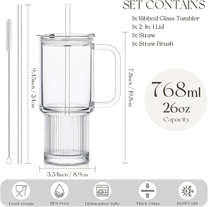 KEMORELA 26oz Ribbed Glass Mug with Handle and Lid – Large Clear Tumbler for Iced Coffee, Tea, Smoothies & Hot Drinks, Reusable Glass Cup with Straw, Dishwasher Safe, Travel Friendly
