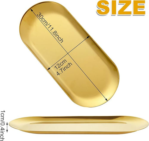 AKOLAFE 4PCS Stainless Steel Serving Tray Set Gold Platters for Serving Food Party Large Metal Trays Decorative 12" Long Plate Oval Storage Trays Thickened Serving Dishes for Entertaining Sushi Snack