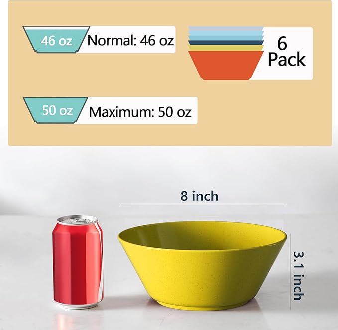Homestockplus 50 Oz Wheat Straw Bowls Set of 6 - Unbreakable, Stackable & Microwave Safe, Multicolor Large Cereal Bowls for Oatmeal, Soup, Ramen, Salad, Popcorn, etc. Safe for Kids & Family