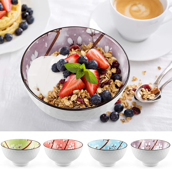 Ceramic Rice Bowls 10 oz, Sakura Bowl Gift Set, Assorted Color Dinnerware Serving Bowls for Rice, Cereal, Noodle, Soup, Desserts, Pack of 4 (Cherry Blossom)