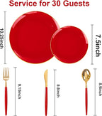 DaYammi 150Pcs Red Plastic Plates & Gold Cutlery with Red Handle,Red Disposable Plates Set Include 30 Dinner Plate, 30 Dessert Plate,30 Knives,30 Forks,30 Spoons for Mother's Day Party Wedding