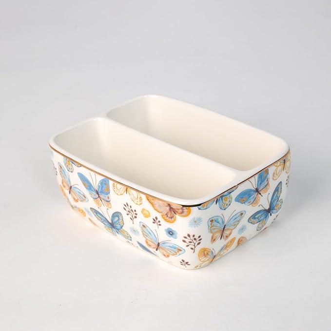 2 Compartments Ceramic Sponge Holder for Kitchen Sink, Cute Floral Countertop Dish Sponges Holder Soap Sink Organizer Farmhouse Caddy (Butterfly)