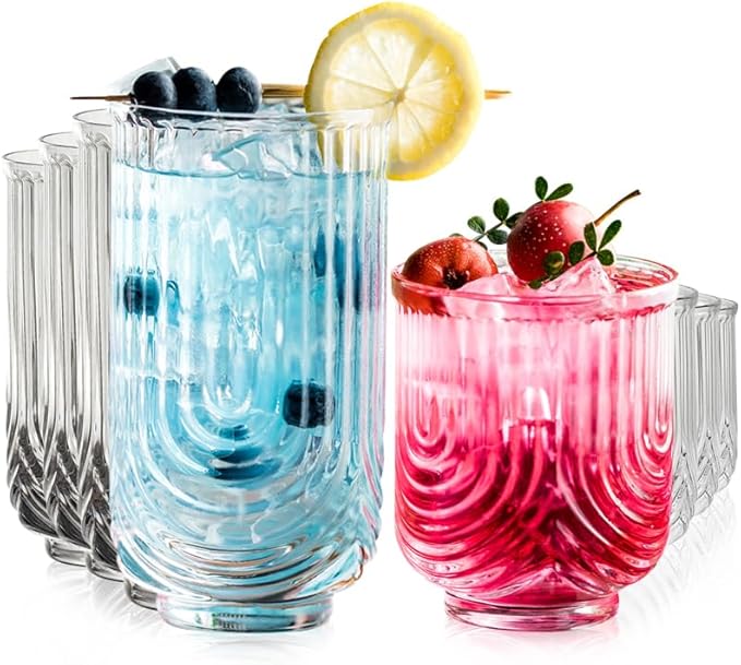 Art Deco Cocktail Glasses, Ribbed Drinking Glasses Set Of 8,14 oz Highball Glasses & 12 oz Cocktail Glasses Set, Kitchen Water Glasses Cup, Bar Tumbler Glassware Set for Beer, Juice, Whiskey, Milk