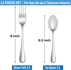 12 Pcs Forks and Spoons Silverware Set,Food Grade Stainless Steel Flatware Cutlery Set for Home,Kitchen and Restaurant,Mirror Polished,Dishwasher Safe - 6 Dinner Fork(8 inch) and 6 Teaspoon(6.5 inch)