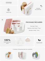 Double Sponge Holder, Water-Absorbing Stone Dish Sponge Caddy for Kitchen Sink Counter, Fast-Drying Stone Sponge Holder with 6 Sponges and 1 Brush, White