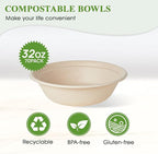 ECOLipak 32 OZ Large Compostable Disposable Paper Bowls, 70 Pack Biodegradable Bagasse Eco-Friendly Sugarcane Bowls for Soup, Salad, Ramen, Popcorn(Nature)