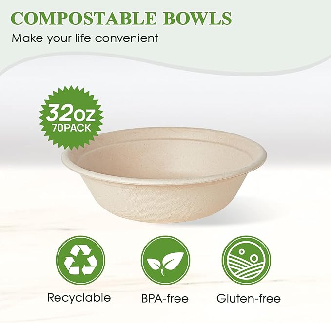 ECOLipak 32 OZ Large Compostable Disposable Paper Bowls, 70 Pack Biodegradable Bagasse Eco-Friendly Sugarcane Bowls for Soup, Salad, Ramen, Popcorn(Nature)