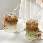 Nirvany 2 Pcs Ribbed Glass Cups, 18 Oz Vintage Drinking Glassware with Wave Shape Design, Bubble Cups for Iced Coffee, Juice, Beverage, Milk, Cocktails, Bubble Tea, and More