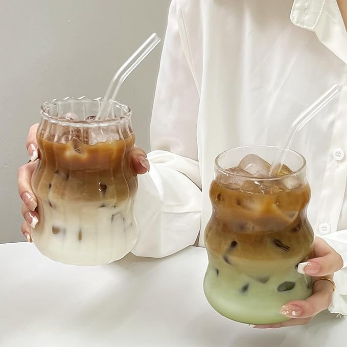 Nirvany 2 Pcs Ribbed Glass Cups, 18 Oz Vintage Drinking Glassware with Wave Shape Design, Bubble Cups for Iced Coffee, Juice, Beverage, Milk, Cocktails, Bubble Tea, and More