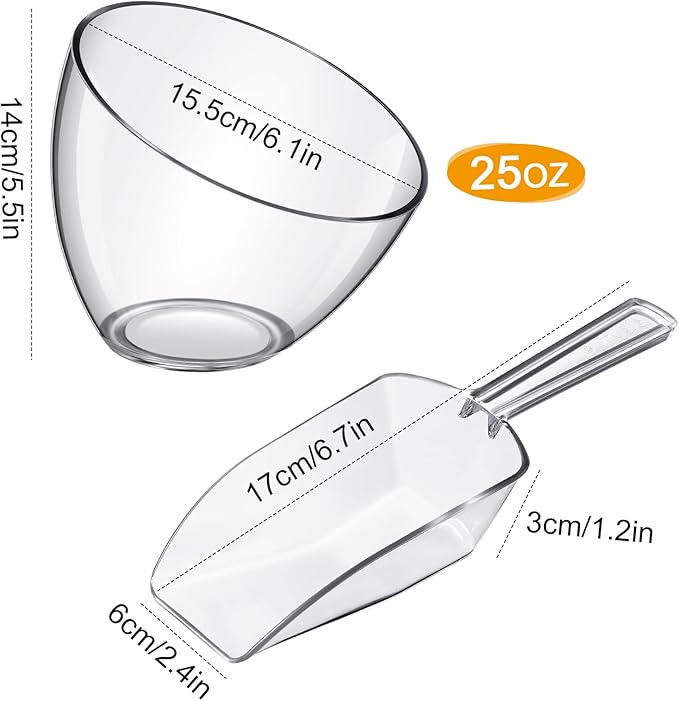 Hoolerry 12 Pcs Serving Bowls Kit Include Clear Plastic Bowls for Parties and Popcorn Measuring Scoops Acrylic Plastic Kitchen Angled Candy Scoops for Office Canister Salad Cooking (25 oz)