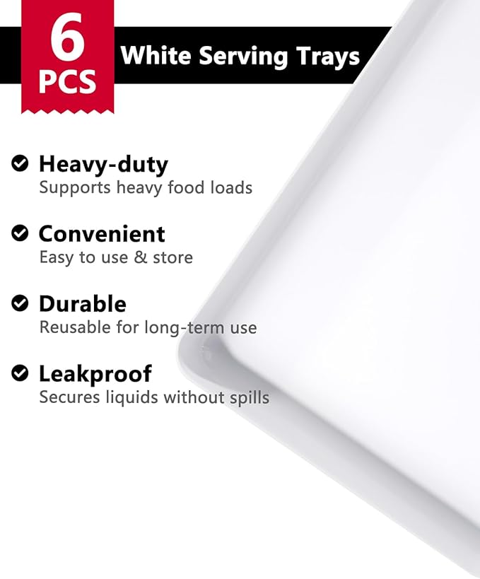 YOUBET 6 PCS Plastic Serving Trays - White Trays for Serving Food - Super Strong Disposable Platters, Heavy Duty Plastic Trays for BBQ, Picnic, Party, Wedding