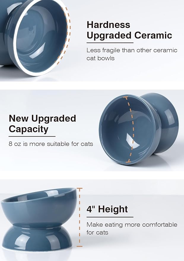 ABRUTY Cat Water Bowl, 16 OZ Ceramic Elevated Cat Bowls, 15° Tilted and Raised Pet Food Dish, Anti Vomiting Protect Pets' Spines and Whisker Fatigue, Blue