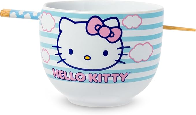 Silver Buffalo Sanrio Hello Kitty Blue and Pink Skies Ceramic Ramen Noodle Rice Bowl with Chopsticks, Microwave Safe, 20 Ounces