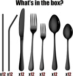 84 Pieces Black Silverware Set Service for 12 Flatware Set with Straws Stainless Steel Utensils Cutlery Set Dishwasher Safe