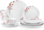 VEWEET Porcelain Dinnerware Sets for 4, 12 Pieces Plates and Bowls Set with Pink Floral, Kitchen Dishes Set Dining Ware for Family, Microwave and Dishwasher Safe, Series ANNIE