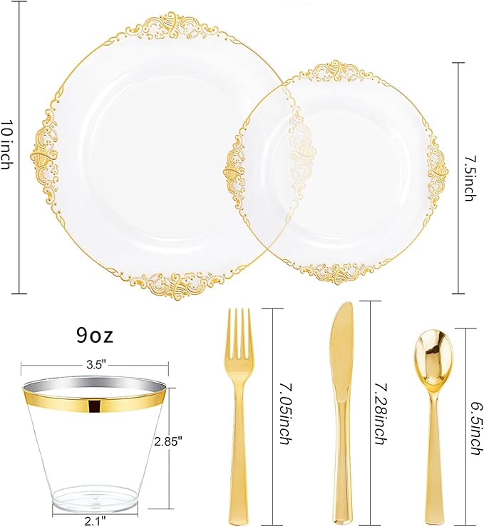 Hioasis 300pcsClear and Gold Plastic Plates - Disposable Dinnerware Set Perfect for 50 Guests include 50 Dinner Plate, 50 Dessert Plate, 50 Forks,50 Spoons, 50 Knives, 50 Cups (NO Napkins Included)
