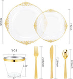Hioasis 300pcsClear and Gold Plastic Plates - Disposable Dinnerware Set Perfect for 50 Guests include 50 Dinner Plate, 50 Dessert Plate, 50 Forks,50 Spoons, 50 Knives, 50 Cups (NO Napkins Included)